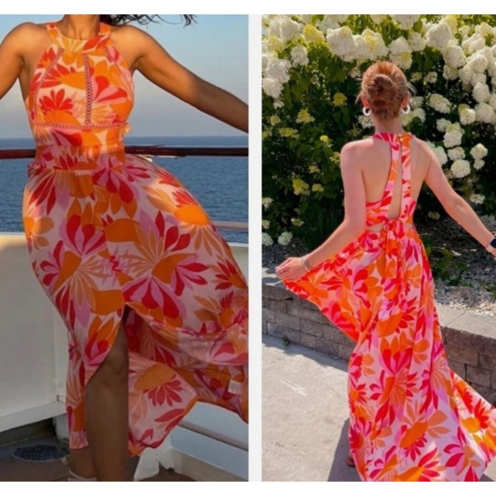 Abel The Label Rumi‎ Maxi Dress Anthropologie Pink Orange Floral Halter Small